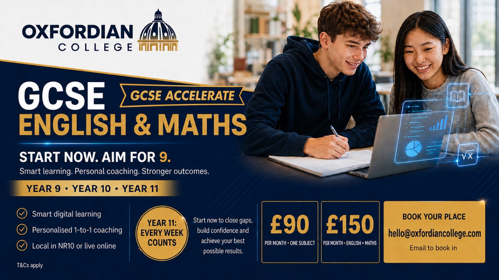 Oxfordian College GCSE Accelerate English and Mathematics preparation for Years 9, 10 and 11